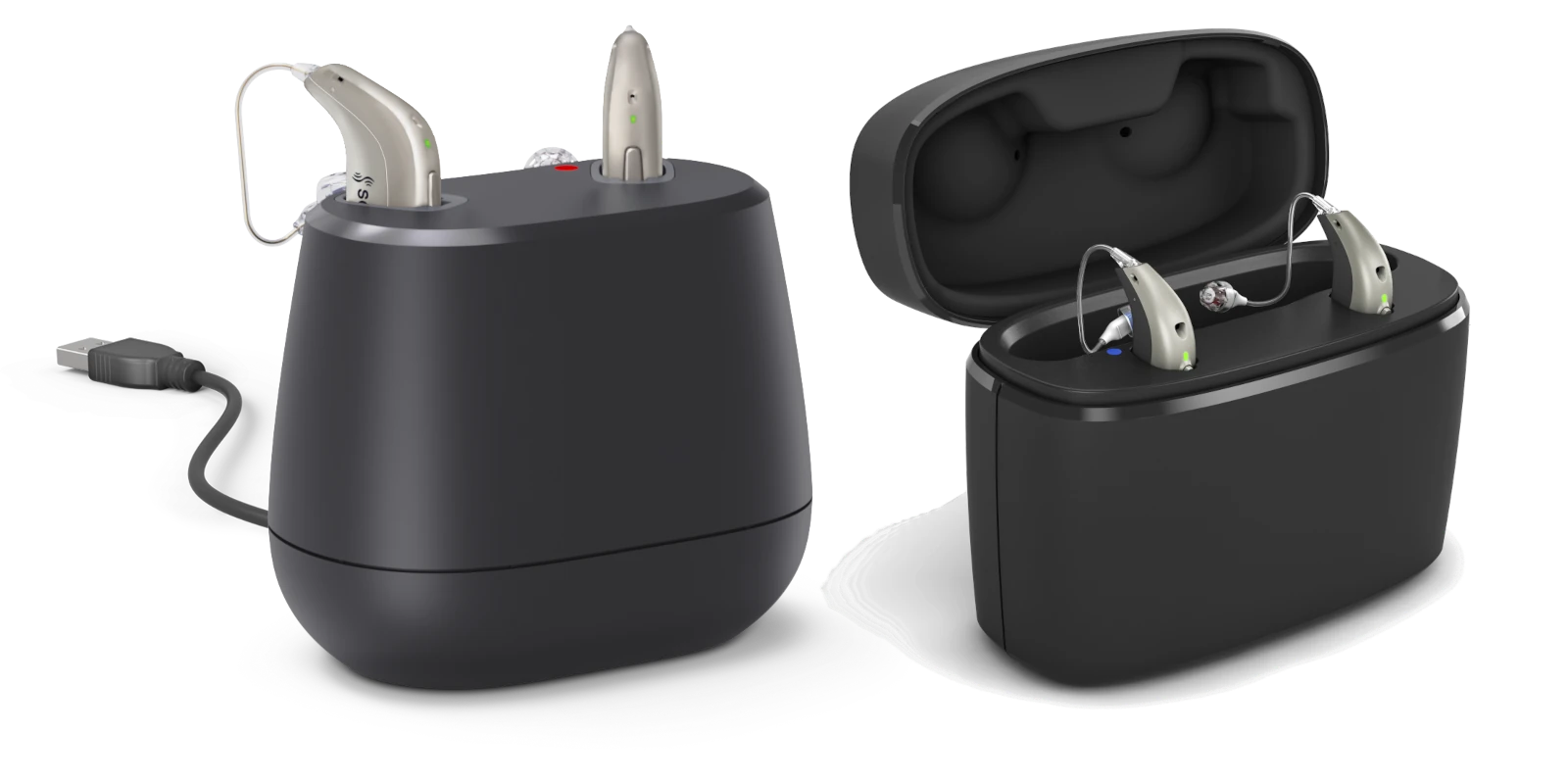 Ladestation und Etui für Hörgeräte mit USB-Kabel, zwei Hörgeräte im Dock